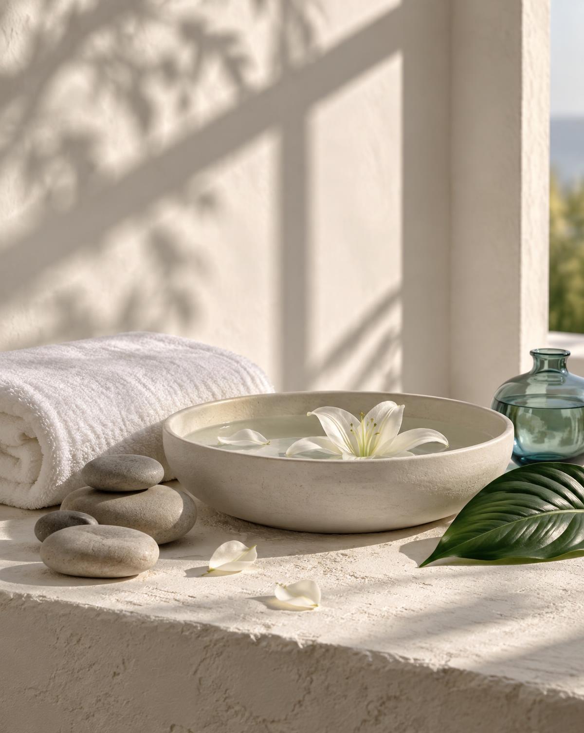 Spa towels, stones, and lily petals in soft window light